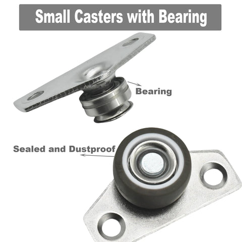 Close-up of small casters with bearings, showing steel plate and sealed, dustproof design for stable, smooth movement.
