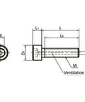 Technical diagram of 20-Pack SVLS-M3-12 NBK Socket Head Cap Vacuum Vented Screws - Ventilation Hole - Low Profile M3 length 12mm