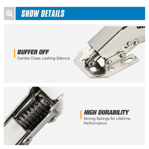 Close-up of Two Pack Soft Close Hidden Cabinet Hinges For Kitchen Cabinets, showing buffer off and high durability features.