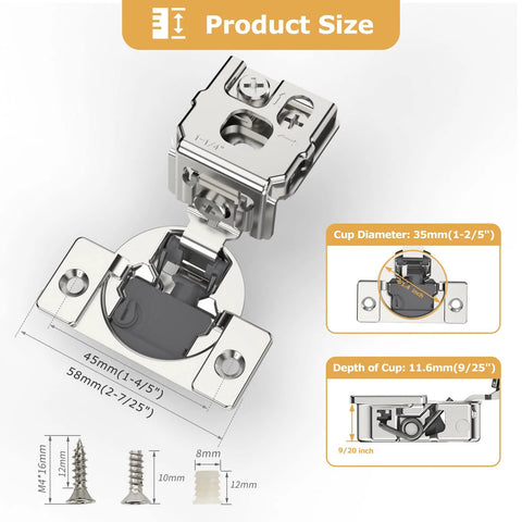 Detailed view of 10 Pack Soft Close Hinges For Face Frame Cabinets One And A Quarter Inch Overlay 105 Degree Opening Concealed Self Closing Stainless Steel Kitchen Cabinet Hardware With 4D Adjustment For Vertical Horizontal Depth And Closing Speed showing dimensions and cup depth.