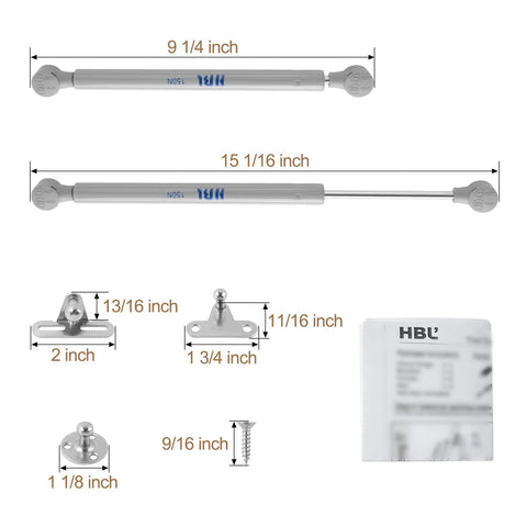 Two Pack Soft Close Toy Box Hinges With 150N Gas Strut and installation kit shown with measurements.
