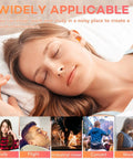 Woman sleeping peacefully wearing soft foam ear plugs, depicting use for sleep, study, travel, and concerts.