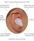 Pillow Soft Moldable Silicone Ear Plugs for Sleeping and Travel shown molded in ear for non-toxic waterproof hearing protection.
