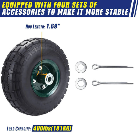 ✝️ 2 pcs 10" flat free tires solid pneumatic wheels, 4.10/3.50-4 with 5/8 center bearings, showing hub length and accessories