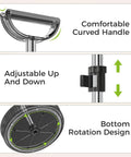 Close-up of Two Tier Rotating Spice Rack Turntable features: comfortable handle, adjustable center rod, bottom rotation design.