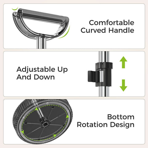 Close-up of Two Tier Rotating Spice Rack Turntable features: comfortable handle, adjustable center rod, bottom rotation design.