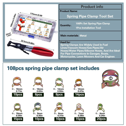 108 Piece Spring Pipe Clamp Set With Clamp Tools, Nine Sizes From 6mm To 18mm, Durable Stainless Steel Construction