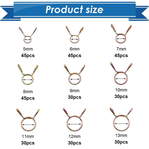 330Pcs Nine Size Spring Hose Clamps Set 5mm To 13mm Galvanized 65Mn Spring Clips Assortment Kit for various pipe sizes