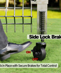 Spring Loaded Gate Wheel 200 Lb Capacity For Wooden Fence Gates Side Break Caster Wheel Durable PP Material shown with brake engaged.