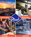 Collage of construction, automotive, furniture, and industrial uses with Spring Lock Washer Kit In Nine SAE Sizes 304 Stainless Steel For Fasteners.