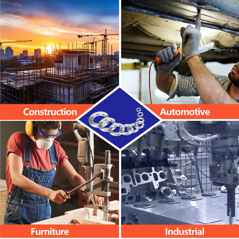 Collage of construction, automotive, furniture, and industrial uses with Spring Lock Washer Kit In Nine SAE Sizes 304 Stainless Steel For Fasteners.