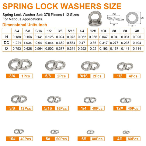 Spring Lock Washer Set SAE Four To Three Quarter Inch 304 Stainless Steel size chart with detailed dimensions and washer images.