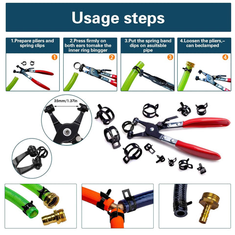 Step-by-step usage of 108 Piece Spring Pipe Clamp Set With Tools 9 Sizes From 6 To 18mm for automotive and industrial hoses.