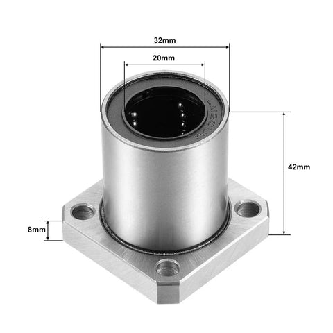 Square flange bearing with 20mm bore, showing smooth, precise linear movement, 32mm OD, 42mm length, sealed for CNC guides.