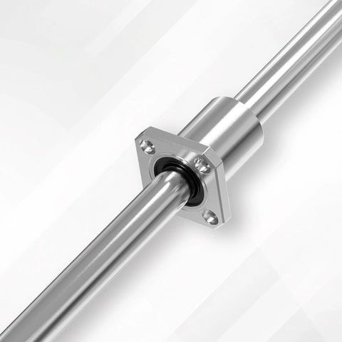 Close-up of LMK20UU square-flange linear ball bearing on a steel guide rod; 20mm bore, 32mm outer diameter, 42mm length.