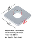 Square Plate Washers for 3/8 inch bolts, 1-1/8 inch square, 3.5 mm thick, electrogalvanized steel, close-up view with dimensions.