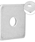Electrogalvanized Square Strut Washer Plates One And Five Eighths Inches With Three Eighths Inch Hole And Three Point Five Millimeter Thickness 40 By 40 Millimeter 35 Pack Heavy Duty Carbon Steel Washers For Standard One And Five Eighths Inch Strut, close-up on washer plate with hole.