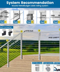 Diagram of Muzata MetalBudget cable railing system with labeled posts and connectors, featuring 20 Pcs 316 Stainless Cable Railing Angle Washers 25 30 35 For 1/8in Cable.