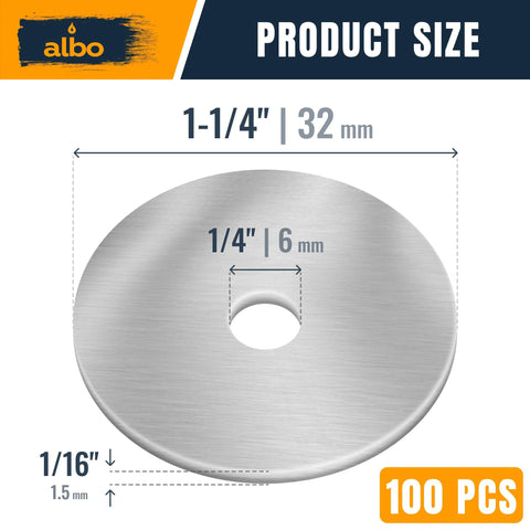 Close-up of 100 Pcs Stainless Fender Washers 1/4 X 1-1/4 Inch For Screws And Bolts, showing dimensions and 304 stainless steel material.