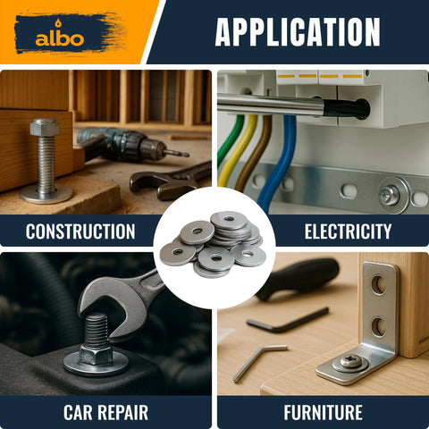 ALBO stainless steel fender flat washers, 1/4 in x 1-1/4 in, 100 pcs, for screws and bolts.