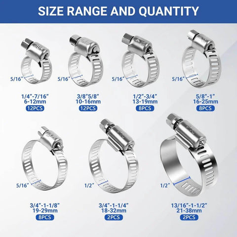 52 Piece Hose Clamp Kit In Premium 304 Stainless Steel With Adjustable Worm Gear Clamps From One Quarter Inch To One And A Half Inch Six To Thirty Eight Millimeter For Plumbing Automotive And Mechanical Applications A Durable Corrosion Resistant Clamp Set