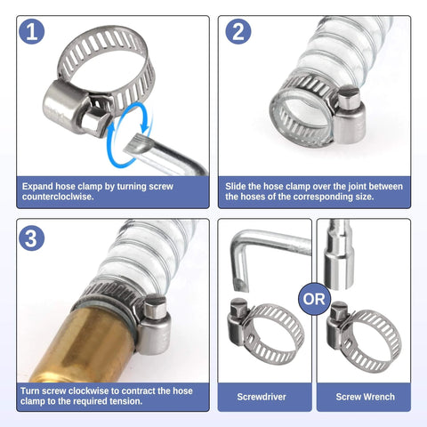 Instruction steps for using 200 Piece Hose Clamp Set 304 Stainless Steel Adjustable Worm Gear Clamps with tools