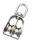 Front view of 2 Packs Stainless M20 Double Pulley Block Lifting Teaction Wheel Wire Rope Crane for Lifting and Hanging.