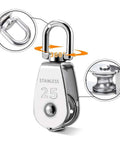 Close-up of a stainless steel M25 pulley showing 360-degree rotation feature, part of 25MM Pulley System, 2 Pcs M25 Pulleys Block with Rope and Hooks.