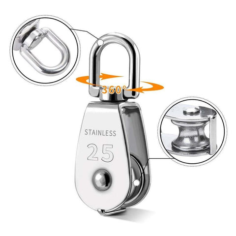 Close-up of a stainless steel M25 pulley showing 360-degree rotation feature, part of 25MM Pulley System, 2 Pcs M25 Pulleys Block with Rope and Hooks.