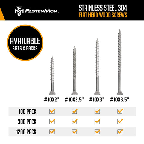 #10 x 3-1/2 Stainless Steel Deck Screws, 304 Grade, 300 PCS with T25 Star Drive Bit - Ideal for Outdoor Wood Projects, Fences, Benches, Picnic Tables, and Decks, Bulk Box