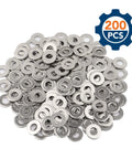 Flat Washers 1/4 Inch Inner 5/8 Inch Outer Stainless Steel 304 SAE Pack 200, pile of 200 metal washers with gear icon