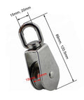 Close-up of 2-Pack 304 Stainless Single Sheave Open Block Pulley 32mm for Canoe Marine Boat Hardware, showing dimensions and details.