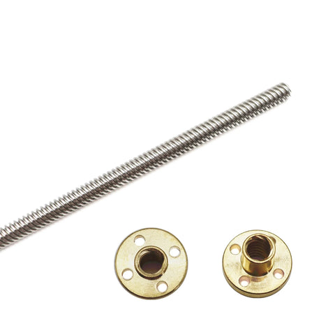 Two precision 200mm TR8X8 Acme lead screws with 8 mm lead, SUS304 stainless steel shafts and brass nuts for 3D printers, side view
