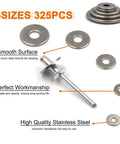 Stainless Steel Backup Rivet Washers Set For Blind Rivets 325 Pcs, featuring smooth surface washers in five sizes with blind rivet detail