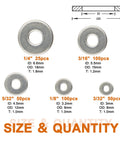Stainless Steel Backup Rivet Washers Set For Blind Rivets 325 Pcs showing five washer sizes with dimensions and quantities.