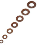 Various sizes of Stainless Steel Belleville Disc Springs for Heavy Loads and Shock Absorption lined up on a white background