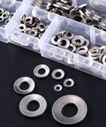 M3 To M12 304 Stainless Belleville Spring Washer Assortment Kit With 7 Sizes in case, showing steel washers