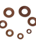 Various sizes of stainless steel Belleville disc springs for heavy loads and shock absorption on a white background.
