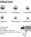 620PCS 304 Stainless Steel Precision Balls, Bicycle Bearing Balls Assortment Kit with 6 sizes from 1/4" to 3/32" shown with caliper measurement.