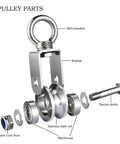 Heavy Duty Cable Single Pulley Block Wheel with Clip for Wire Rope with Ball Bearings, DIY Pulley System components displayed
