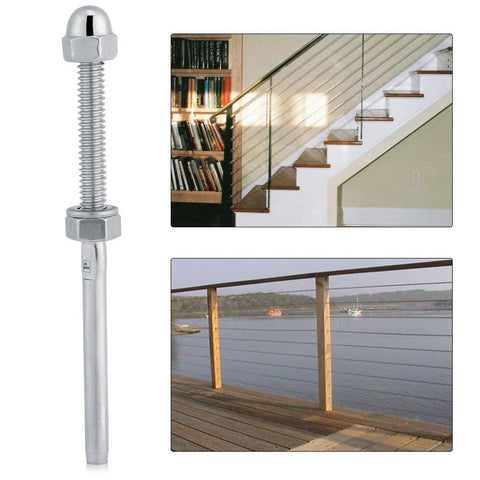 Stainless Steel Cable Railing Hardware Kit 10 Pack One Eighth Inch Gauge with tensioner, installed on stairs and outdoor deck.