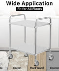 Stainless steel cart with Expanding Stem Casters Set Of 4 With Brakes For Stainless Steel Worktables And Carts, suitable for all floors.