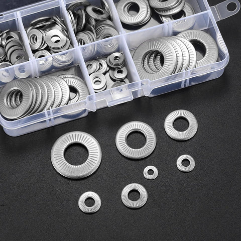 Stainless steel Conical Knurled Spring Washers Set M3-M12 in storage box, displayed on a black surface