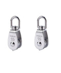 Front view of Stainless Steel Wire Rope Crane Pulley Block M15 Lifting Crane Swivel Hook, single pulley block, metal finish, 6pcs.