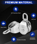 Front view of M50 Double Pulley Block Set - 304 Stainless Steel Pack of 2 with swivel hook, labeled for lifting and anti-rust features.