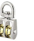 13mm Diameter Stainless Steel Double Sheave Swivel Eye Rope Pulley with swivel eye and double sheave close-up view