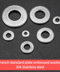 Conical Knurled Spring Washers Set, Stainless Steel, Coned Disc, M3-M12 assortment on black background