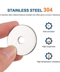 Hand holding Stainless Steel Fender Washer 1/4 ID x 1-1/4 OD 0.06 Thick, showcasing anti-corrosion and high toughness features.