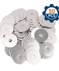 Stainless Steel Fender Washers 1/4 ID x 1-1/4 OD 0.06 Thick Pack Of 50 laid out in a pile with 50 pieces badge visible