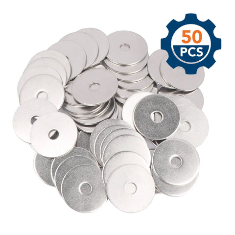 Stainless Steel Fender Washers 1/4 ID x 1-1/4 OD 0.06 Thick Pack Of 50 laid out in a pile with 50 pieces badge visible